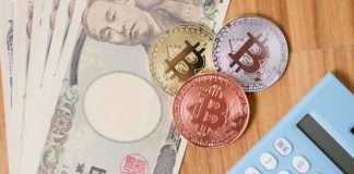 Bitcoin Cryptocurrency with Japan Yen money
